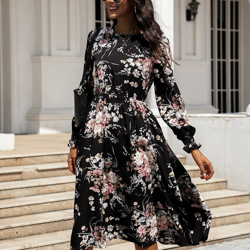 Floral Print Round Neck Long Sleeve Tiered Midi Dress