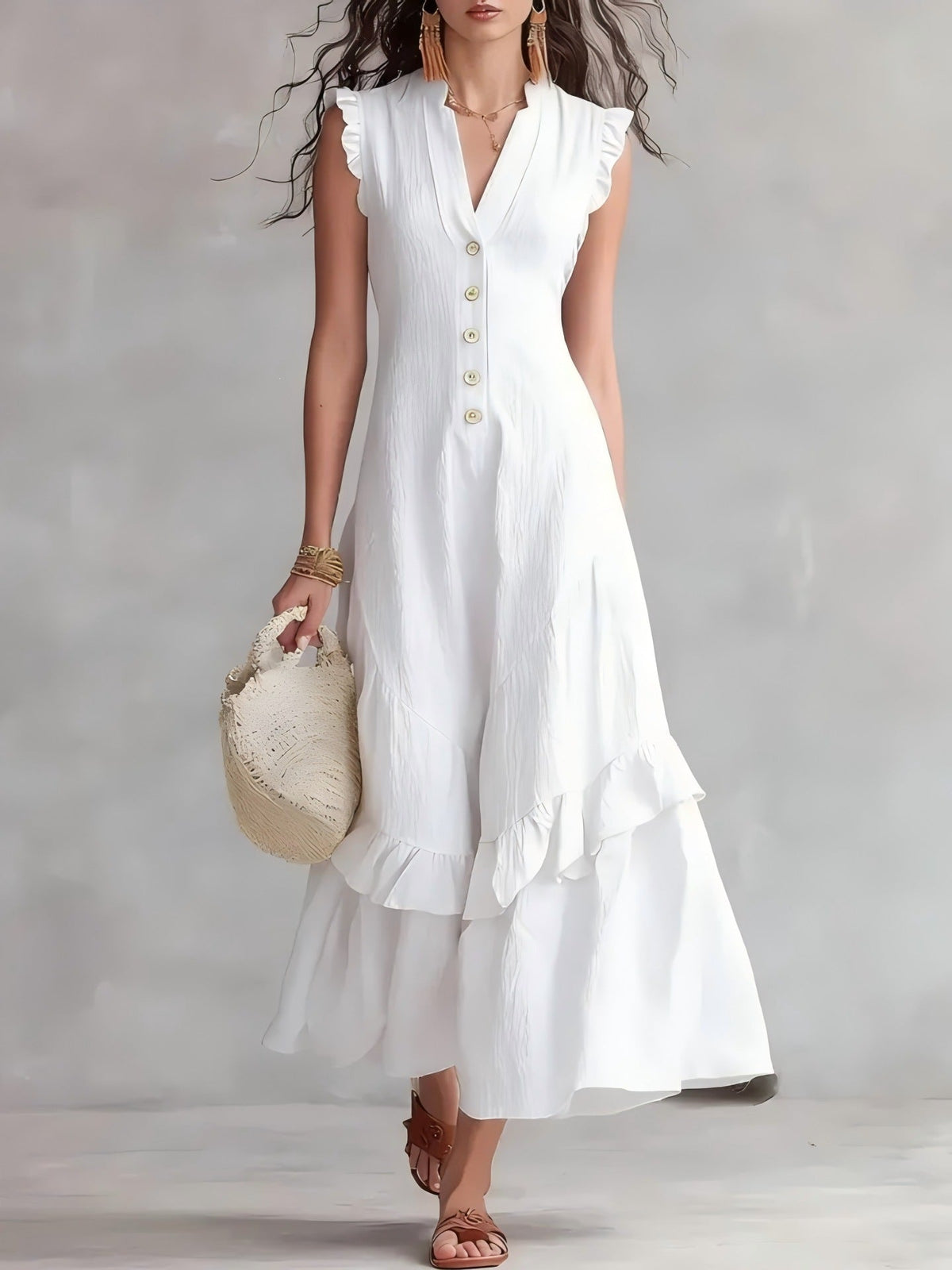 V-Neck Ruffle Sleeve Button Front Tiered Maxi Dress 9