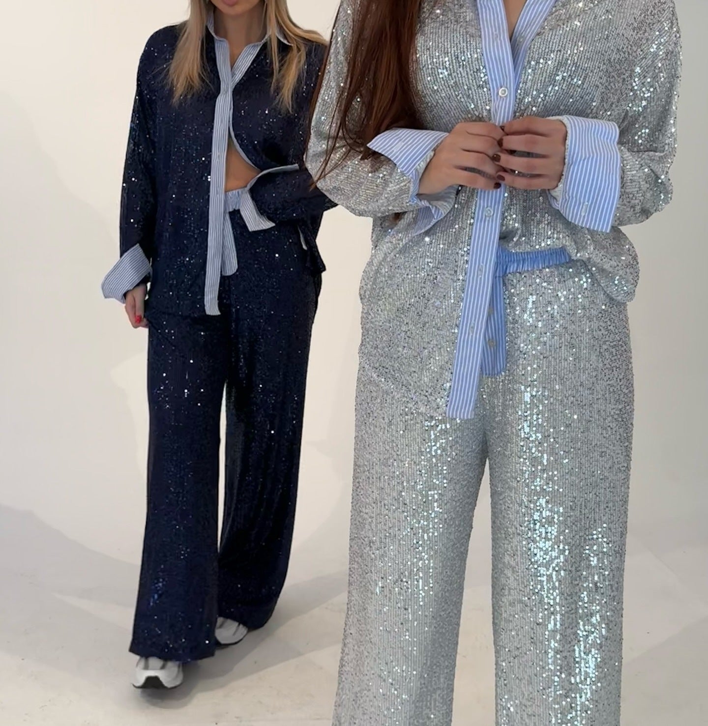 Sequined Two-Piece Suit Jacket and Wide-Leg Pants Set