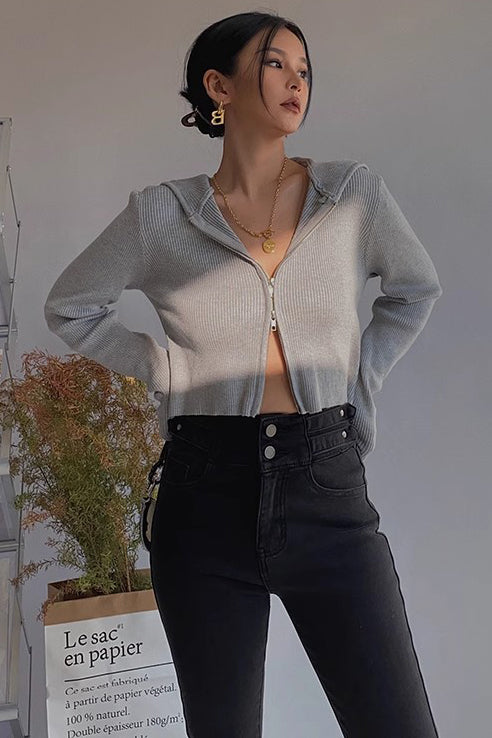 Rib-knit Zip Up Sweater Crop Top for Effortless Style