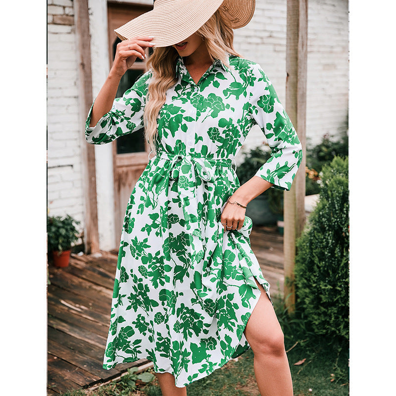 Floral Print Collared Long Sleeve Button Down Fit & Flare Midi Dress