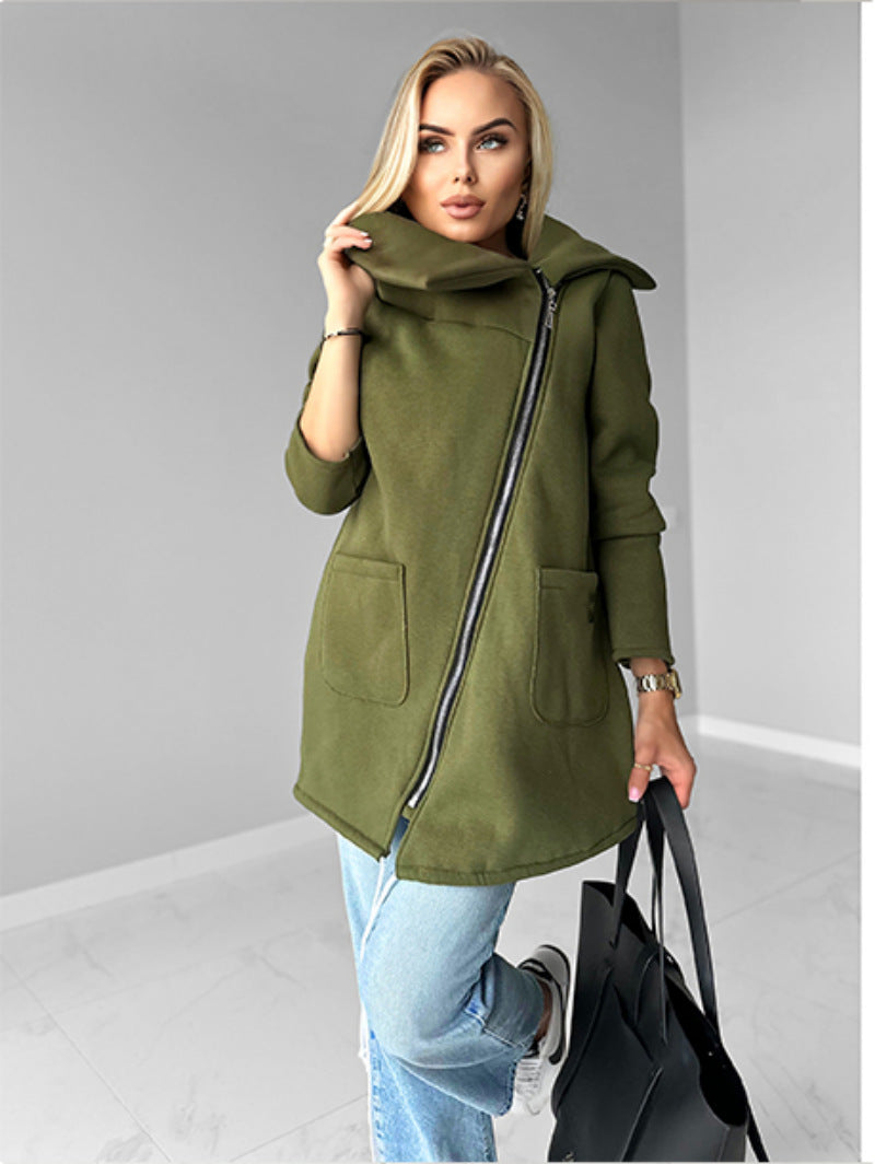 Lapel Mid-Length Fleece Jacket with Oblique Zipper Design