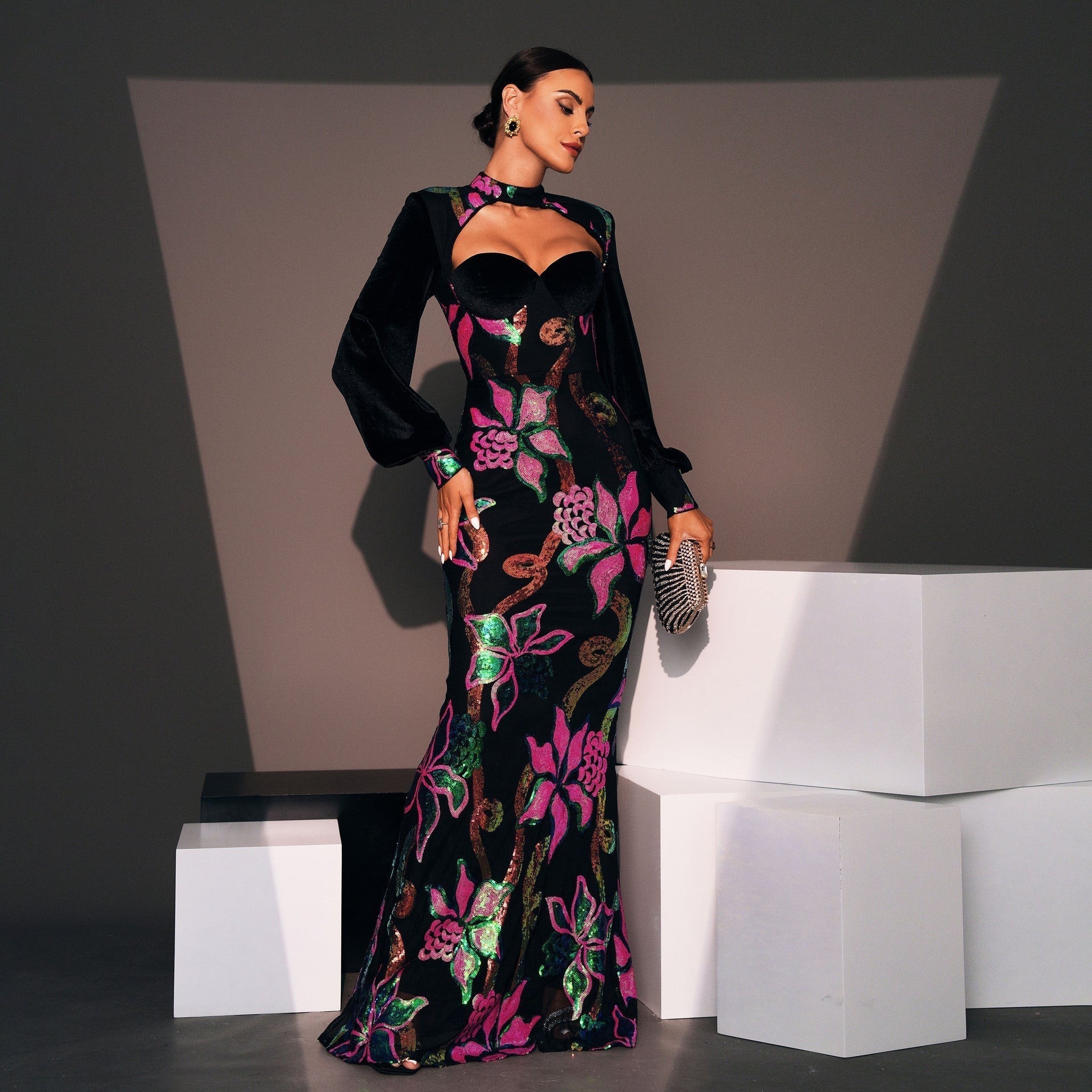 Long Sleeve Crew Neck Cutout Long Sequined Cocktail Evening Dress Bridesmaid - Fashionpara