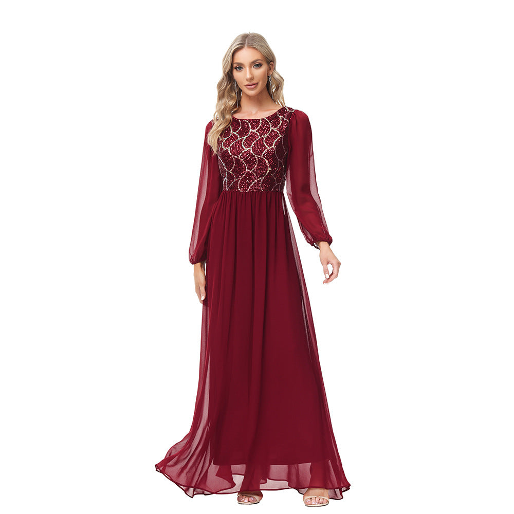 Sequin Round Neck Bishop Sleeve Chiffon A-Line Gown