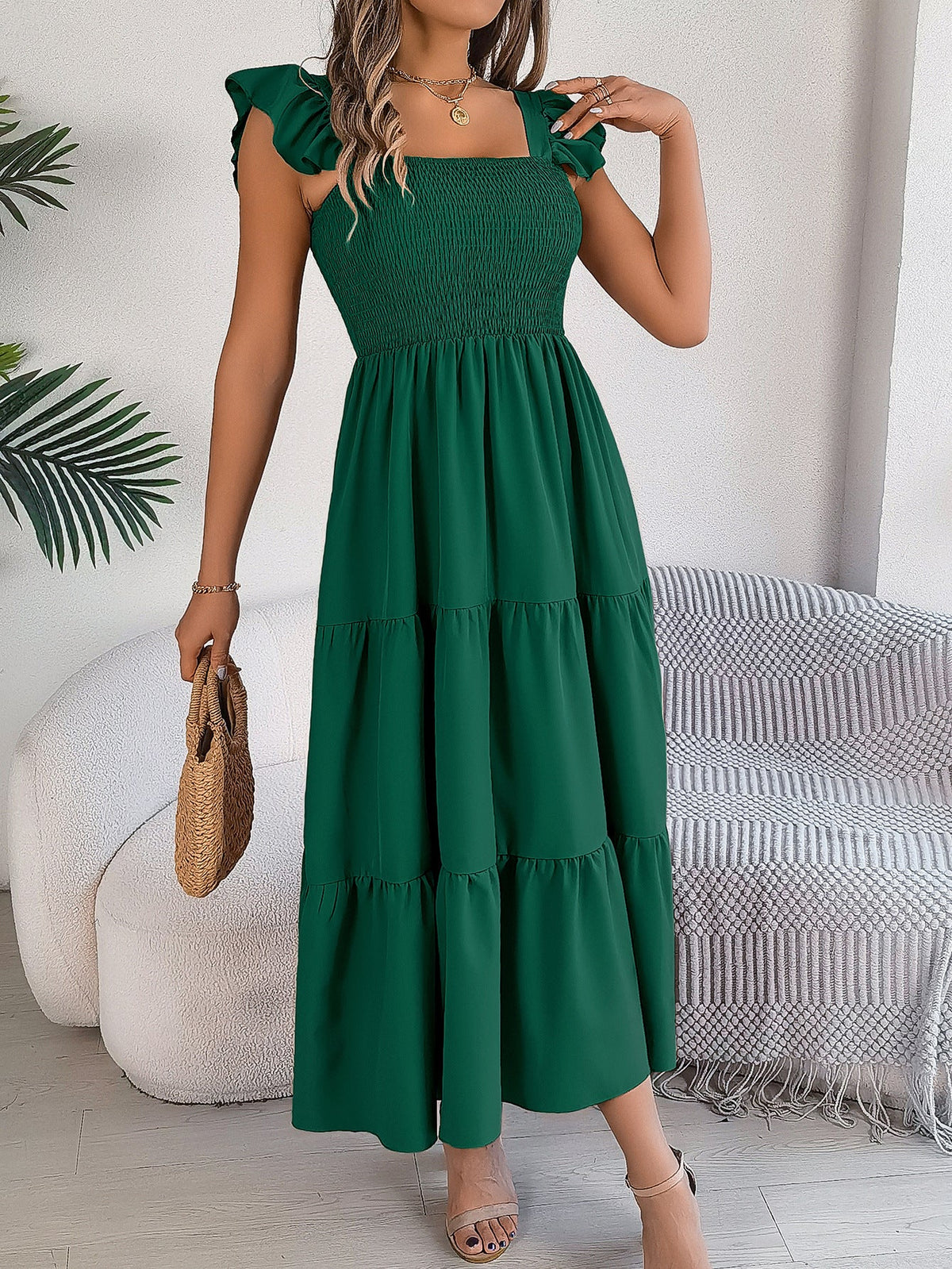 Smocked Square Neck Flutter-Sleeve Tiered Midi Dress 5