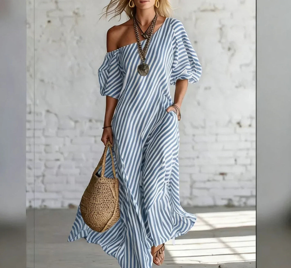 Striped One Shoulder Puff Sleeve Maxi Dress 4