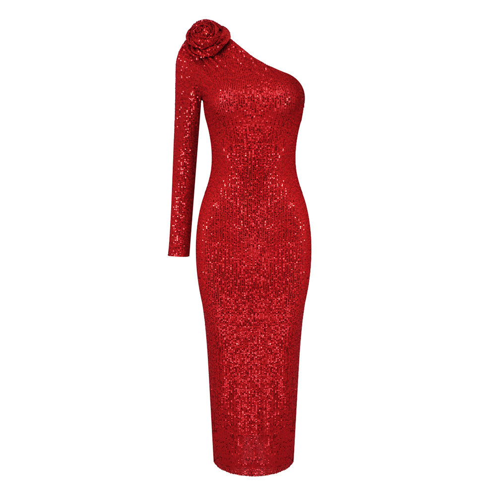 Christmas Red Three-Dimensional One Shoulder Floral Sequin Formal Dress Stretch Dress Winter - Fashionpara