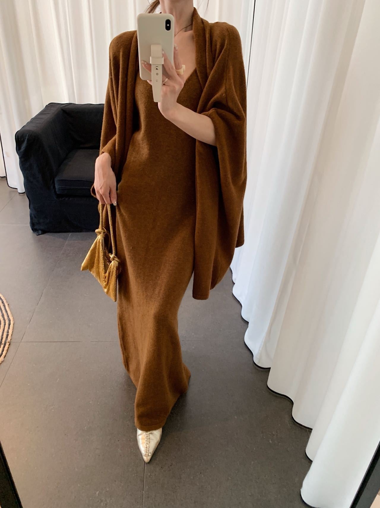 Elegant Knitted Shawl Coat and Dress Two-Piece Set