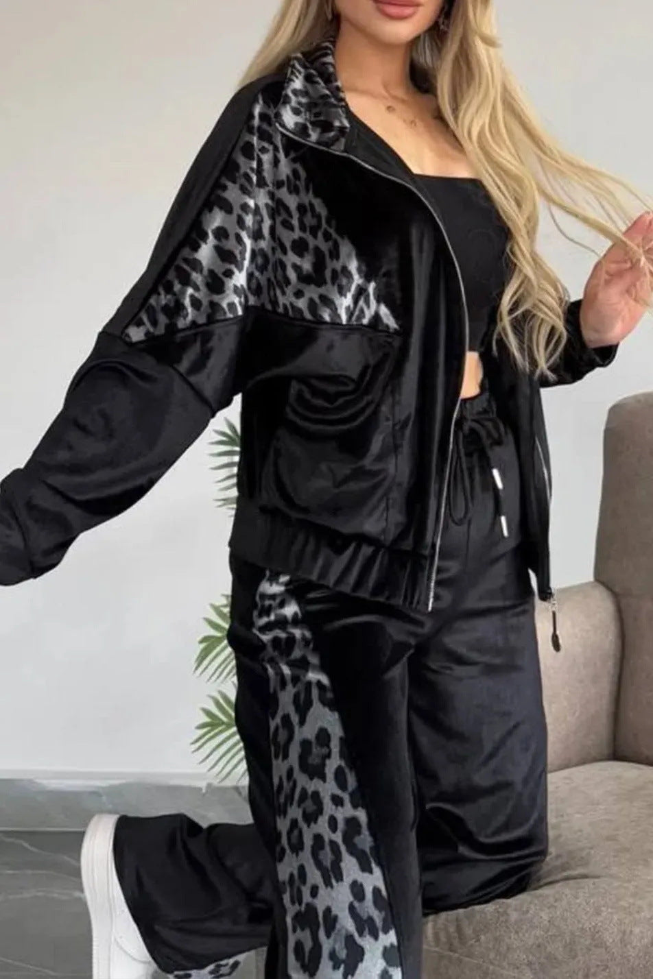 Suede Leopard Print Long Sleeve Jacket and Wide-Leg Pants Set
