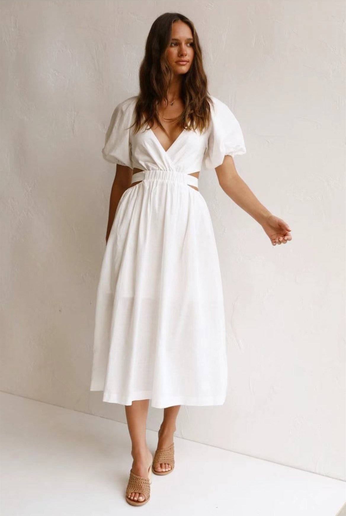 Cute Belted Puff Sleeve Cutout Beach Vacation Midi Dress - White