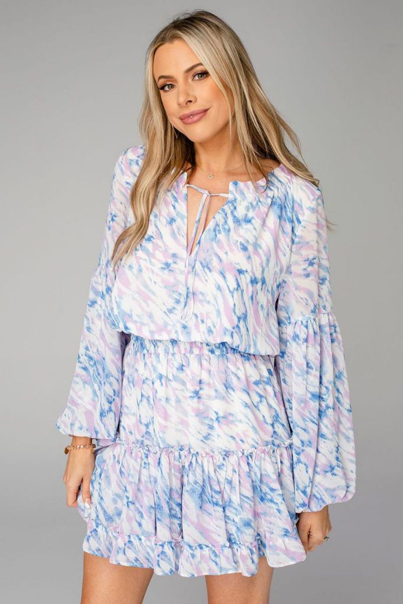 Chiffon V-Neck Long Sleeve Tiered Ruffle Mini Dress