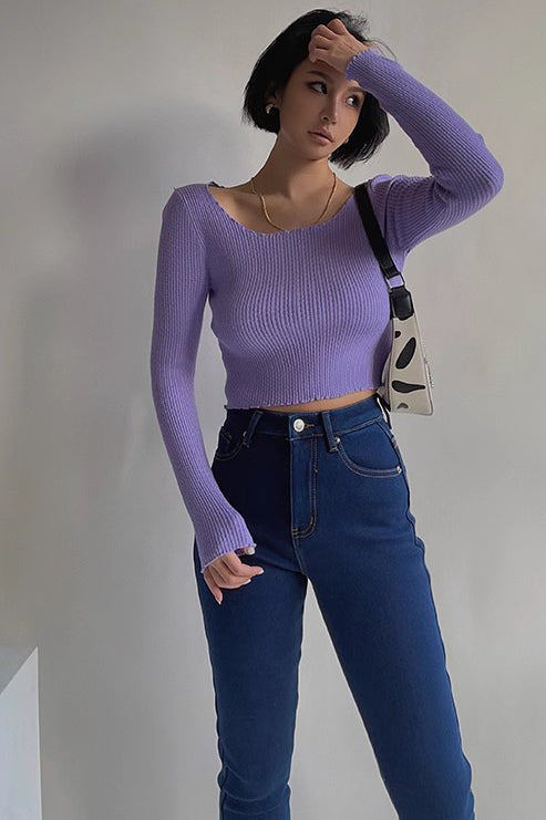 Rib-Knit Cut Out Sweater with Elegant Ruffle Trim