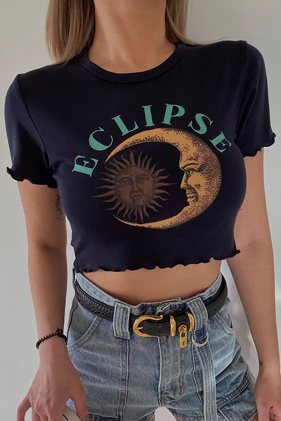 Crew Neck Printed Ruffle Trim Tank Top