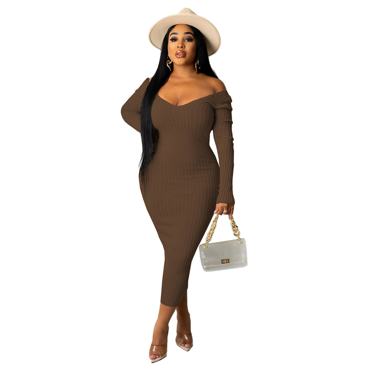 Ribbed Knit Off Shoulder Long Sleeve Bodycon Midi Dress