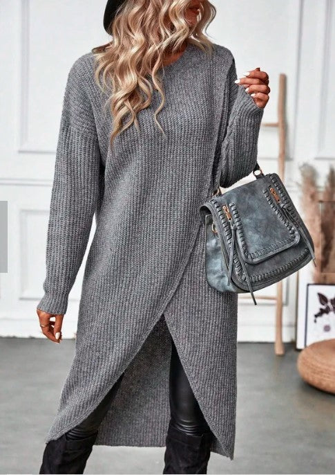 ShoptheCIC Gray Asymmetrical Hem Long Sleeve Cardigan Dress