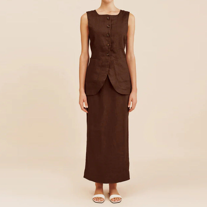 French Casual Cotton Square-Neck Sleeveless Skirt Suit