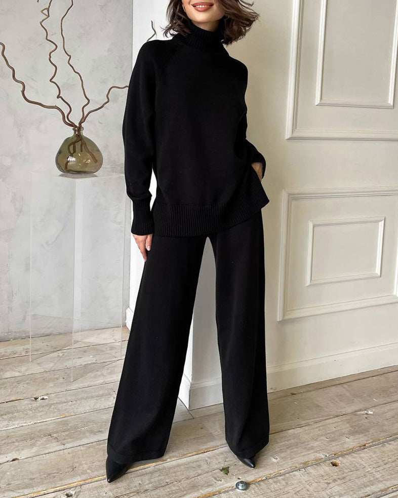 Chic Solid Color Turtleneck Sweater and Trouser Set