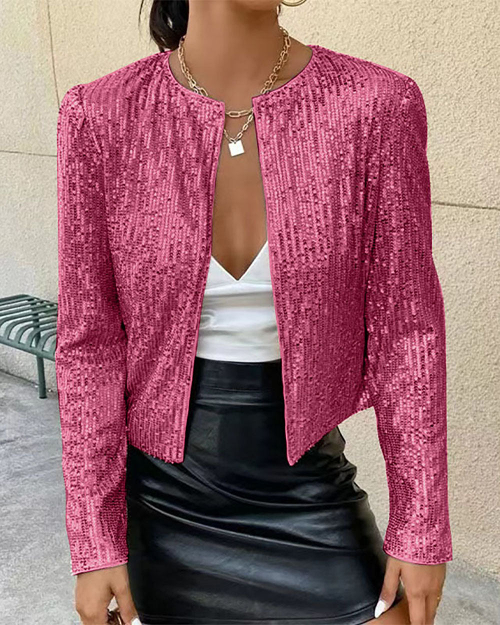 Smart Sequined Stand-Up Collar Short Coat for Stylish Elegance