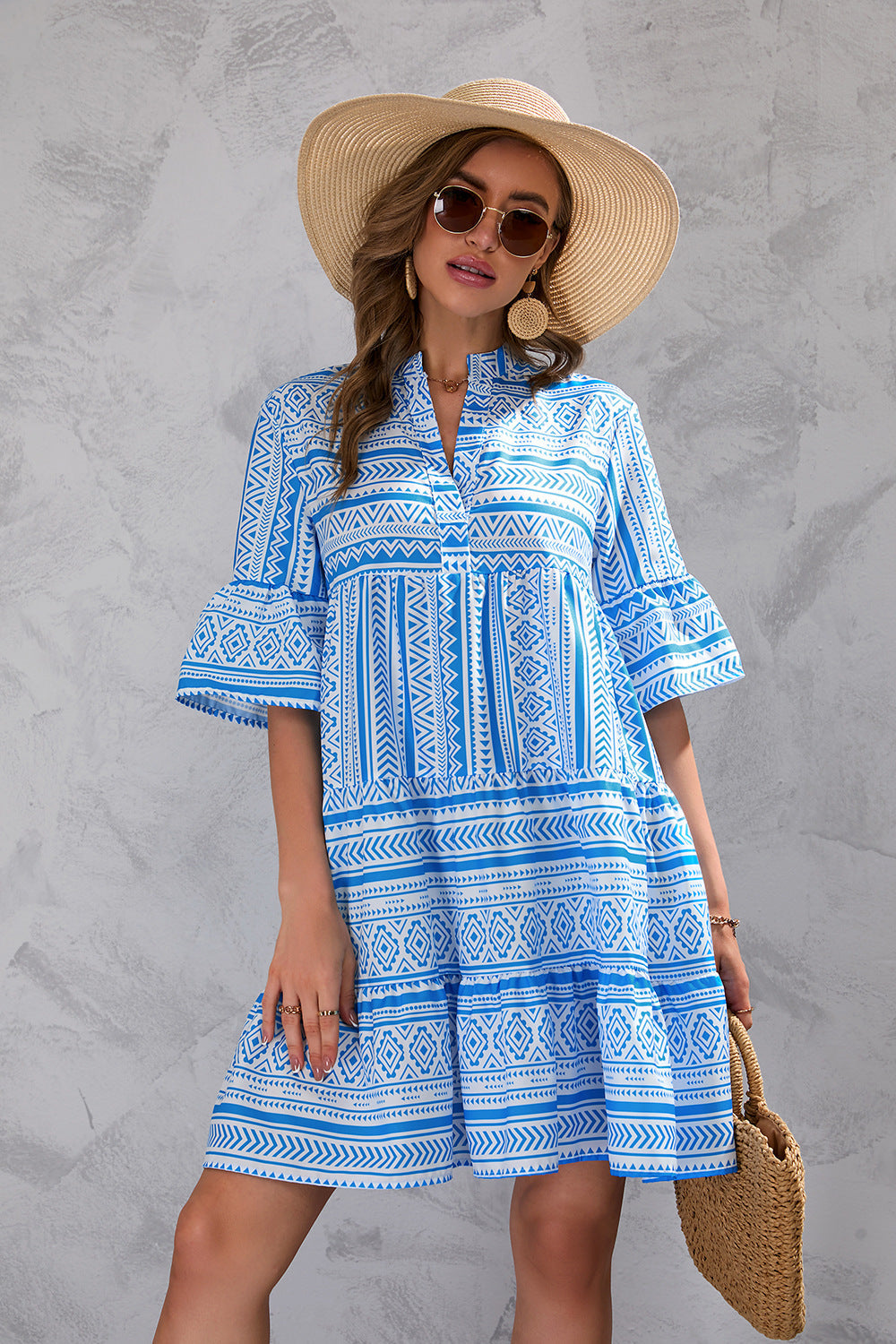 Geometric Print V-Neck Bell Sleeve Tiered Mini Dress