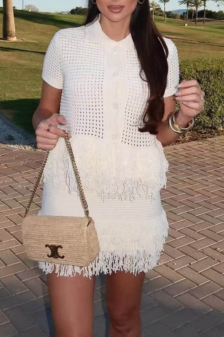 Chic Tassel Knit Coat and High-Waisted Miniskirt Set