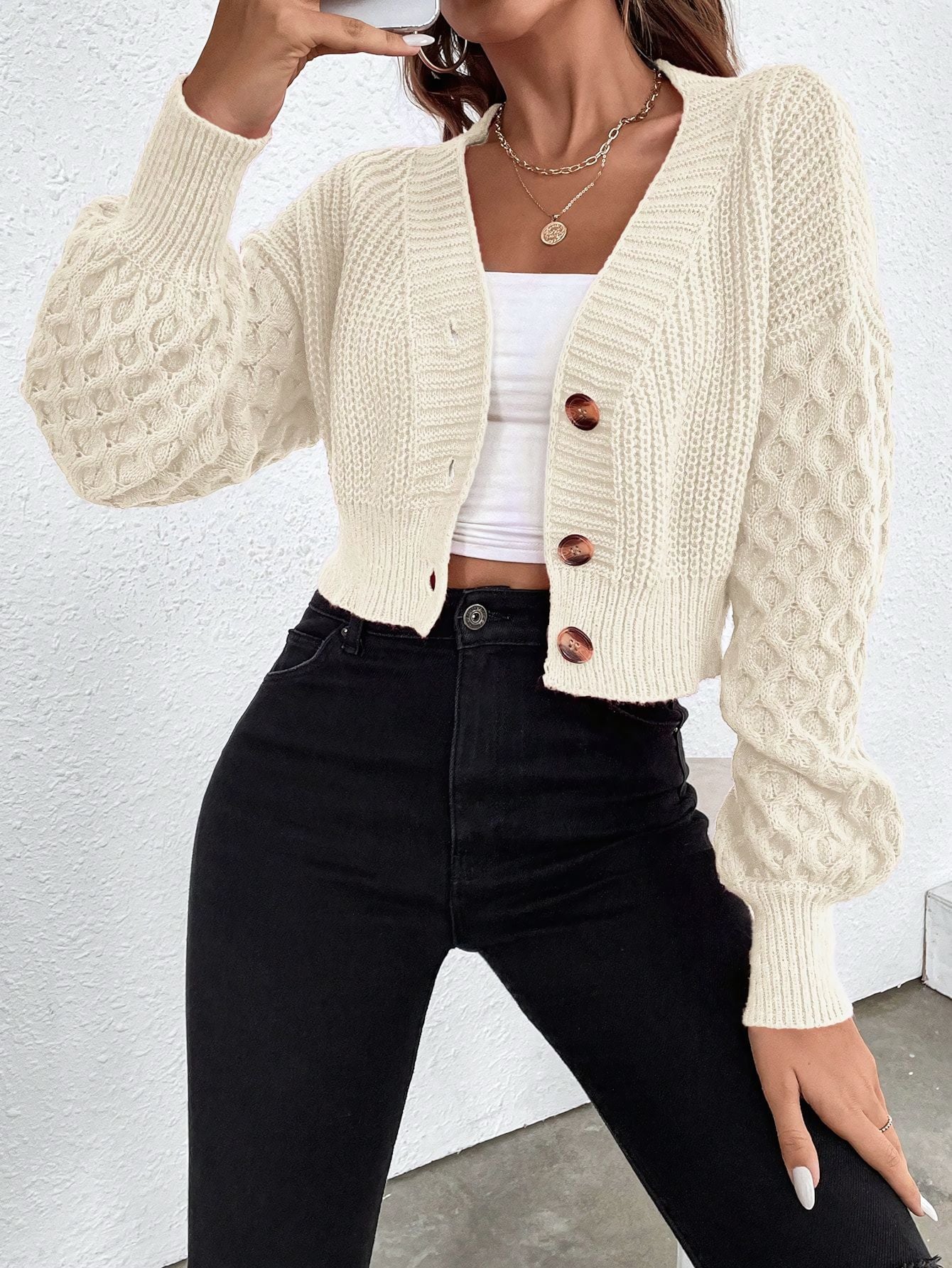 V-neck Cropped Cardigan with Drop Shoulder Sleeves