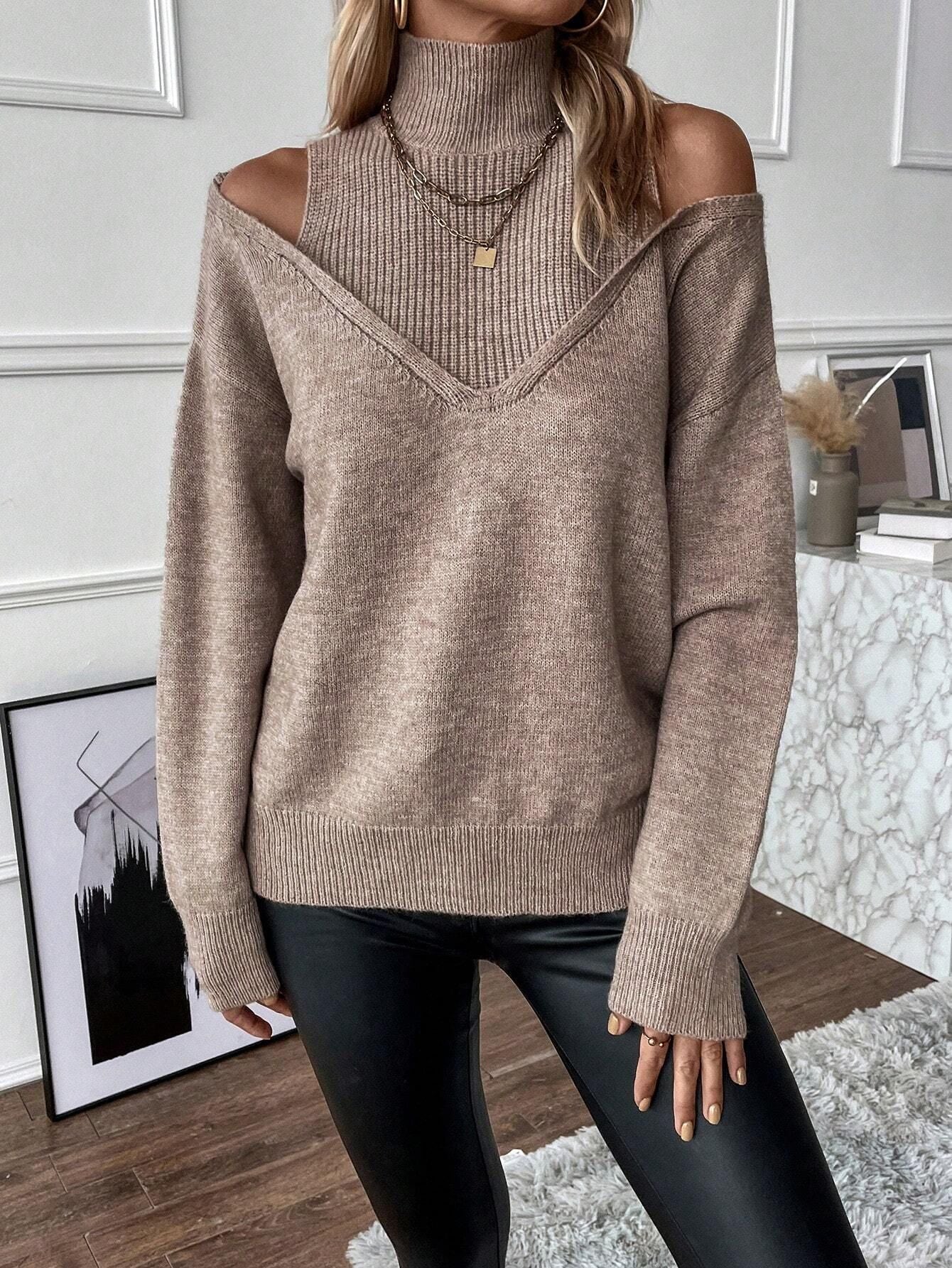 ShoptheCIC Off-the-Shoulder Turtleneck Sweater in Solid Color