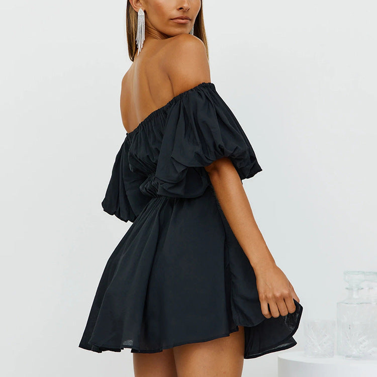Tess Off The Shoulder Puff Sleeve Dress - Black - Fashionpara