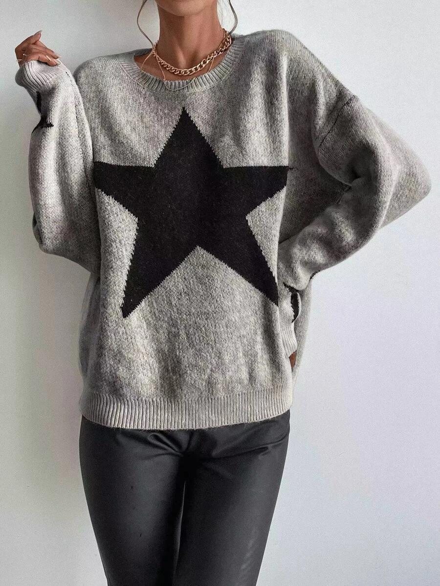 ShoptheCIC Big Stars Crew Neck Sweater for Everyday Style