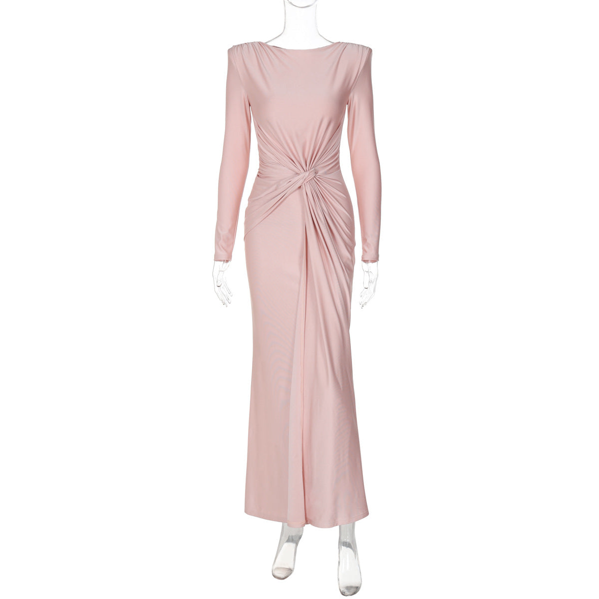 Satin Round Neck Long Sleeve Ruched Mermaid Maxi Gown - View 7