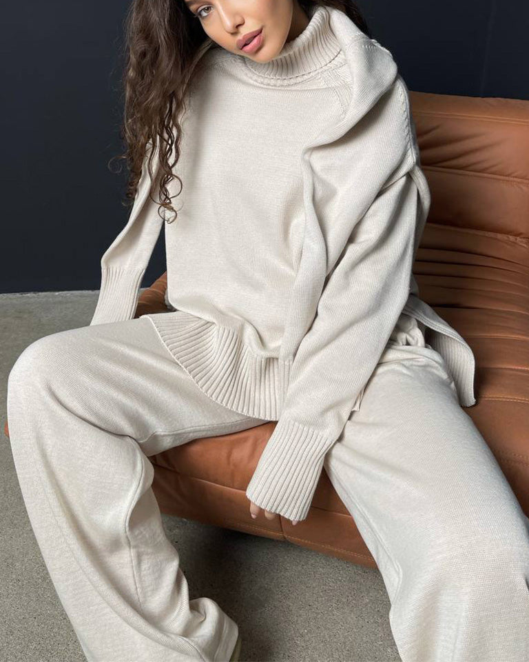 Chic Solid Color Turtleneck Sweater and Trouser Set
