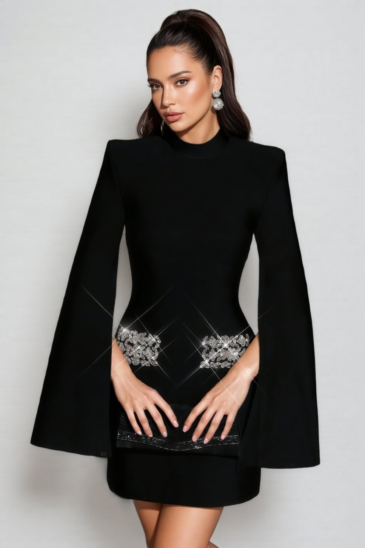 Rhinestone Waist Bandage Mock Neck Structured Bodycon Mini Dress - View 3