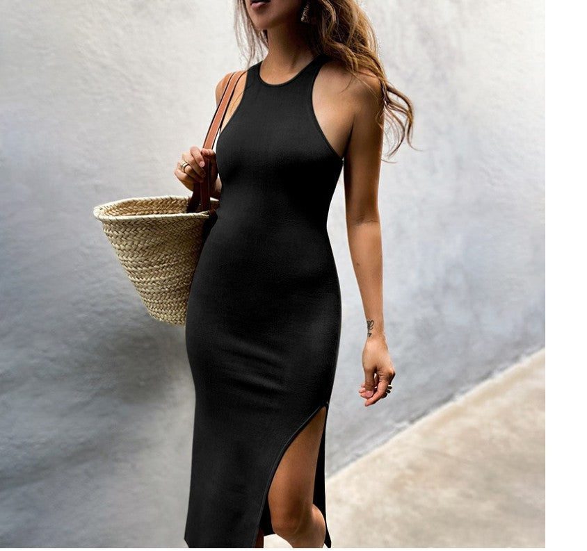 High Neck Sleeveless Side Slit Bodycon Midi Dress