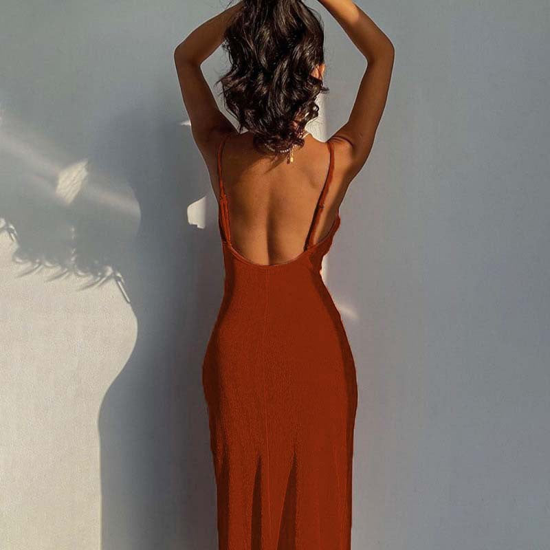 Cowl Neck Satin Bodycon Side Slit Maxi Dress