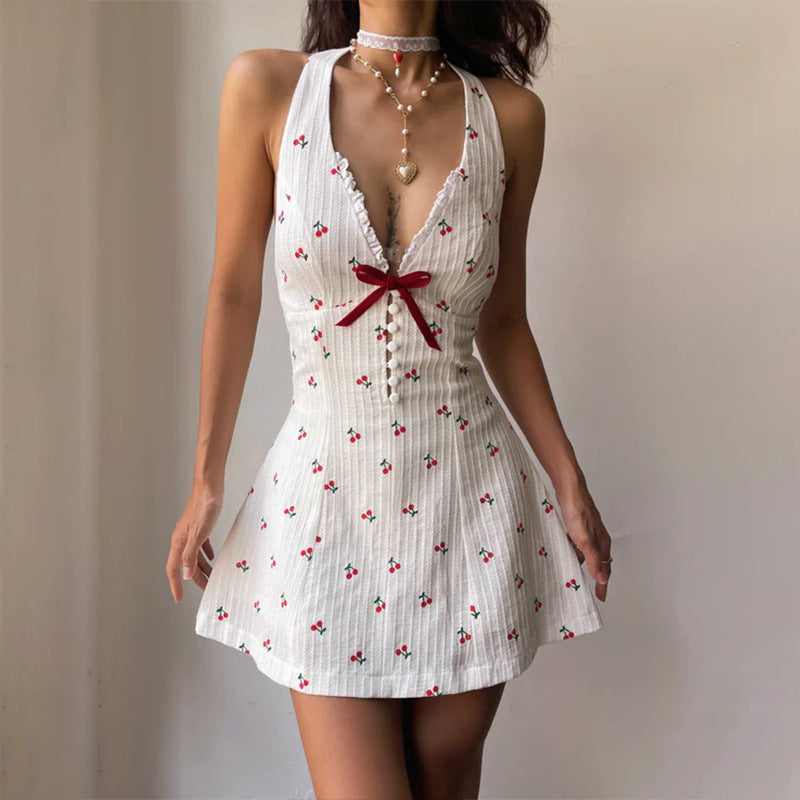 Deep V Buttoned Backless Cherry Print Halter Dress