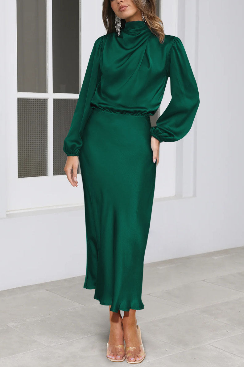 Chic Satin Long Sleeve Midi High Neck Dress - Fashionpara