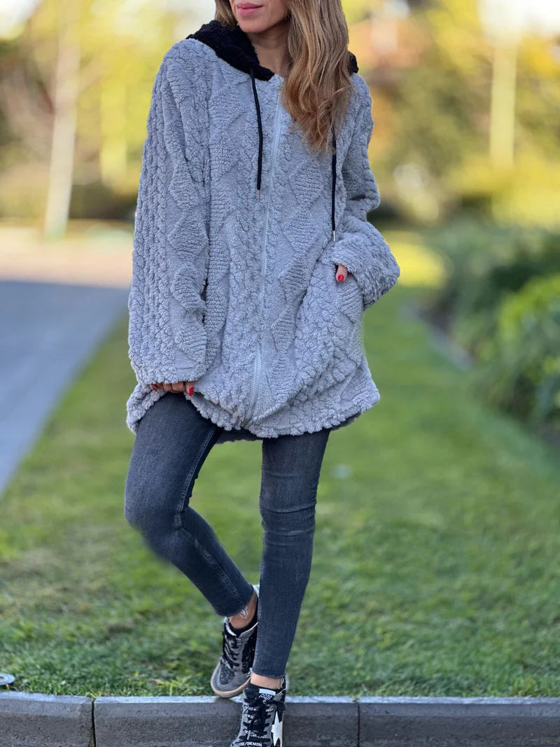 Mid-Length Vintage Hooded Fur Zip-Up Knitted Coat for Comfort