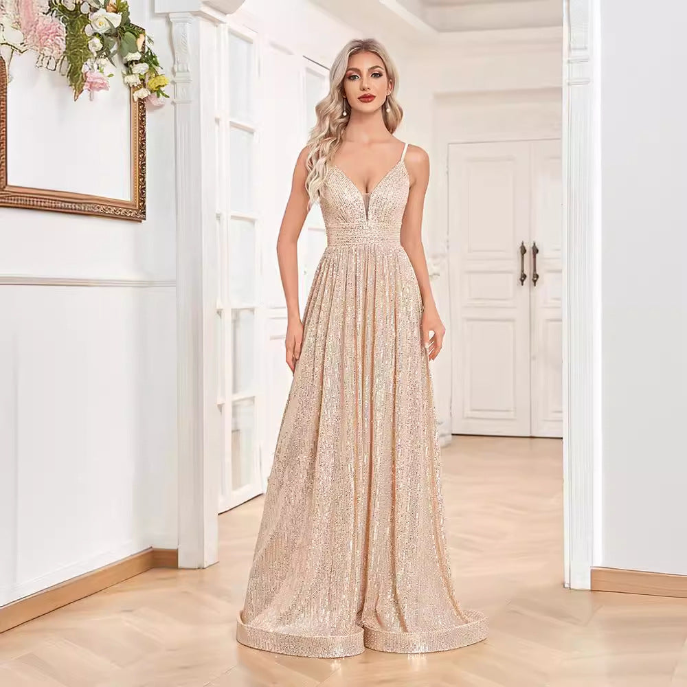 Sequined Backless Evening Dress Deep V Plunge neck Bridesmaid Dress Party Formal Dress Cocktail - Fashionpara