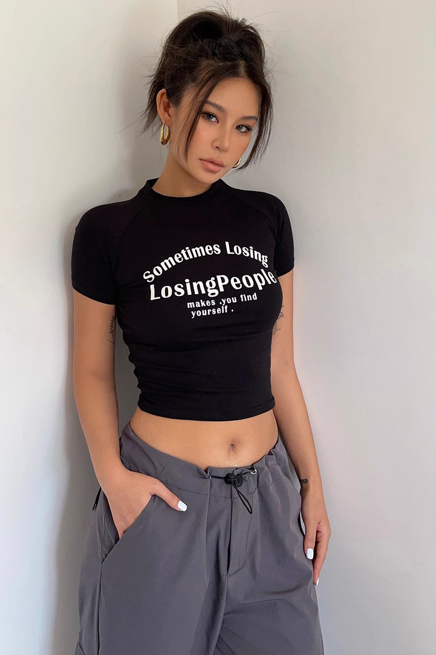 Letter Print Short Sleeve Crop Tops