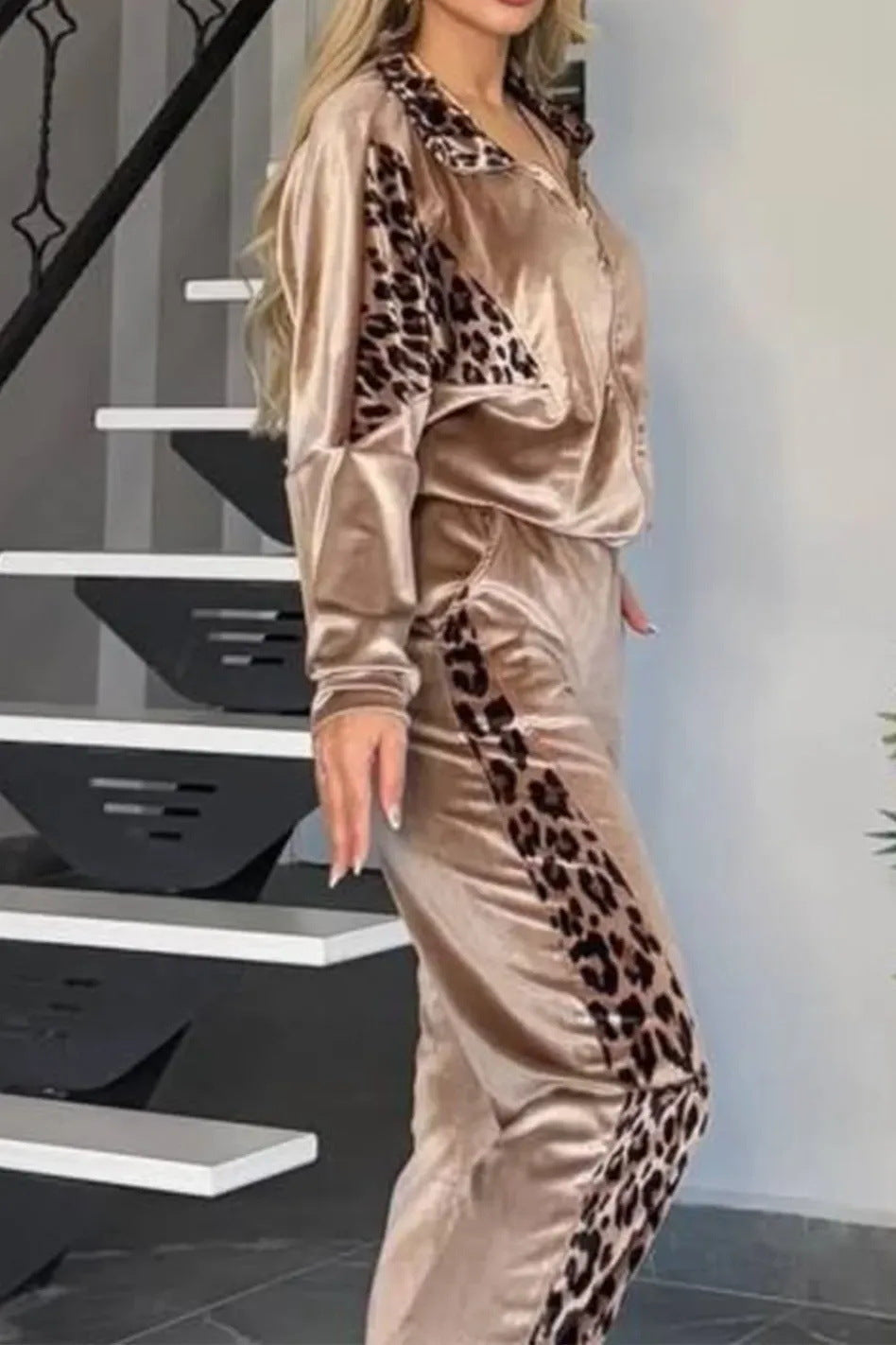 Suede Leopard Print Long Sleeve Jacket and Wide-Leg Pants Set