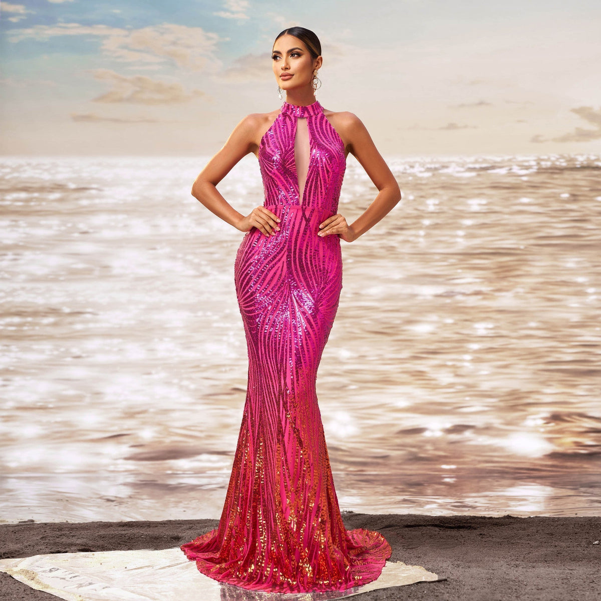 Sequin Halter Neck Keyhole Cut Out Mermaid Flared Hem Formal Gown - View 5