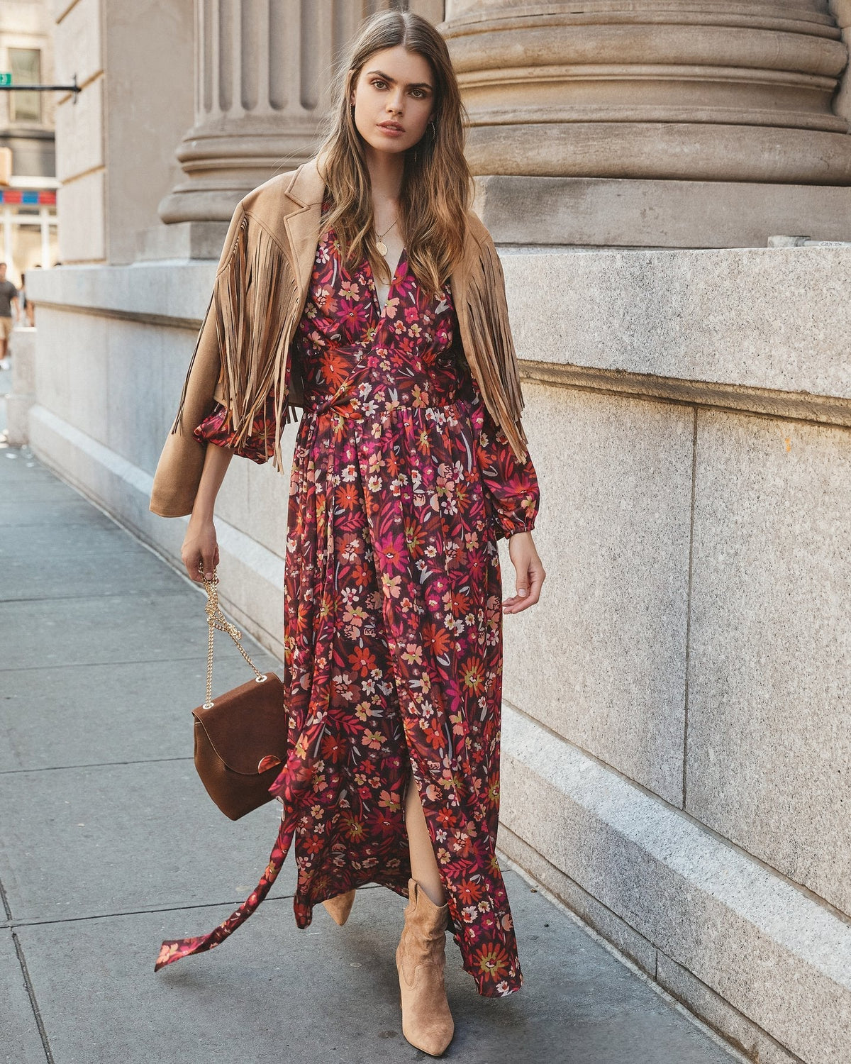 Floral Print V-Neck Long Sleeve Wrap Split Maxi Dress