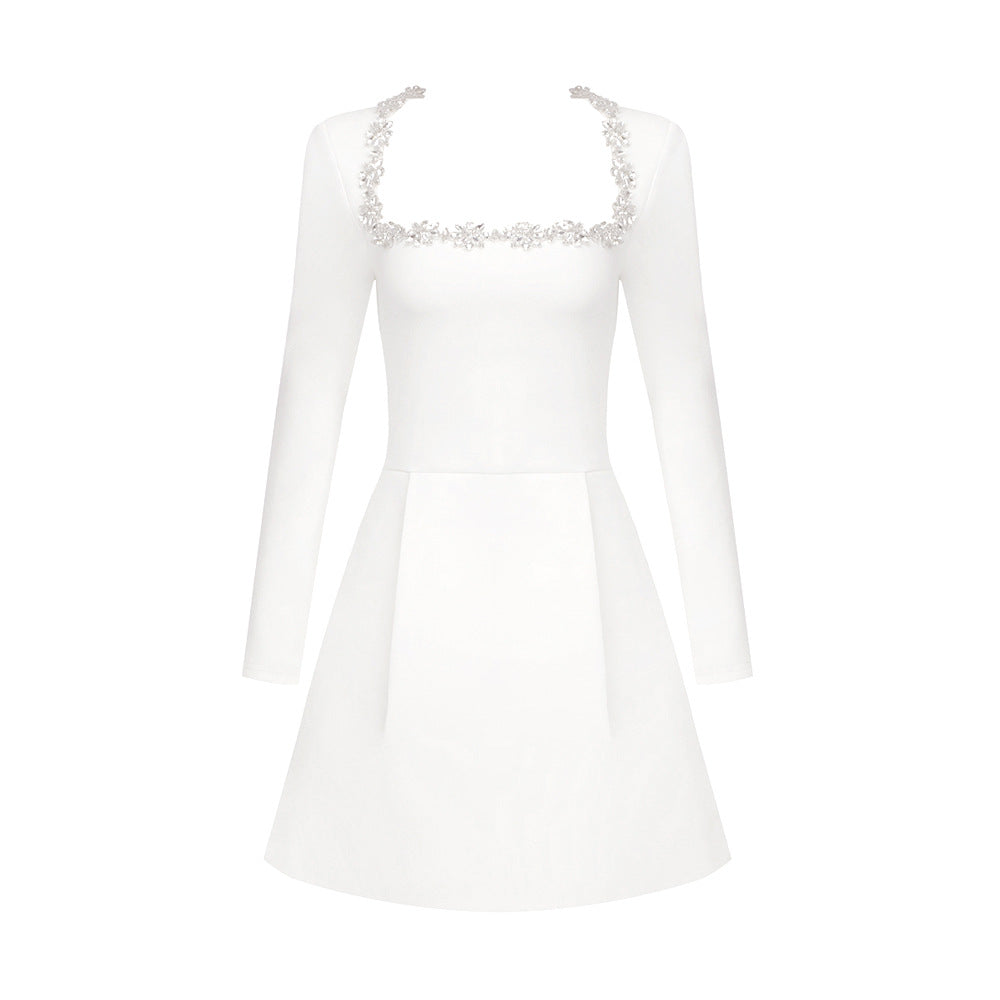 Rhinestone Square Neck Long Sleeve Structured A-Line Mini Dress - View 5