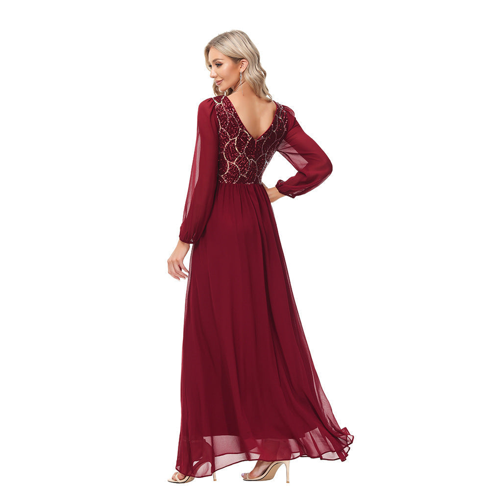 Sequin Round Neck Bishop Sleeve Chiffon A-Line Gown - View 3