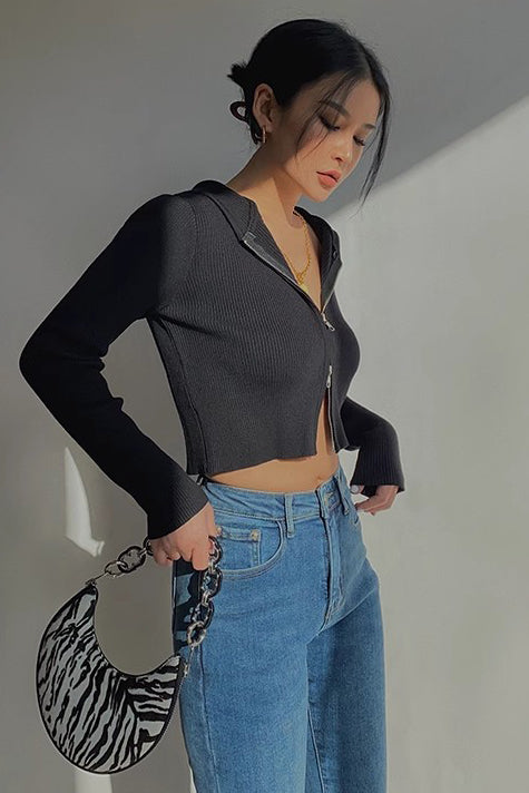 Rib-knit Zip Up Sweater Crop Top for Effortless Style
