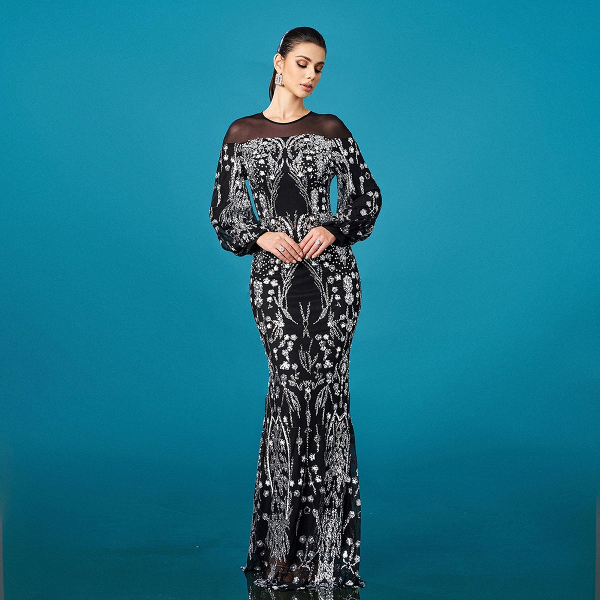 Sequin Round Neck Long Sleeve Sheer Yoke Mermaid Gown - View 2