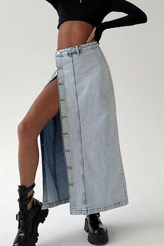 American retro slit denim long skirt