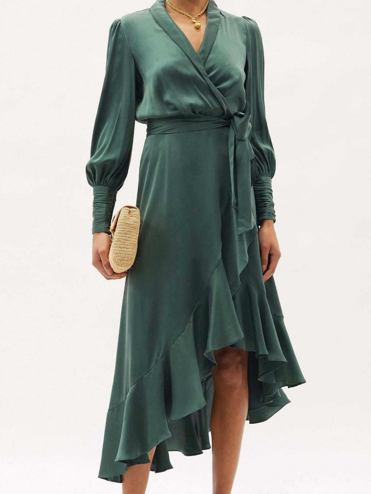 Satin V-Neck Long Sleeve Ruffle Wrap Midi Dress