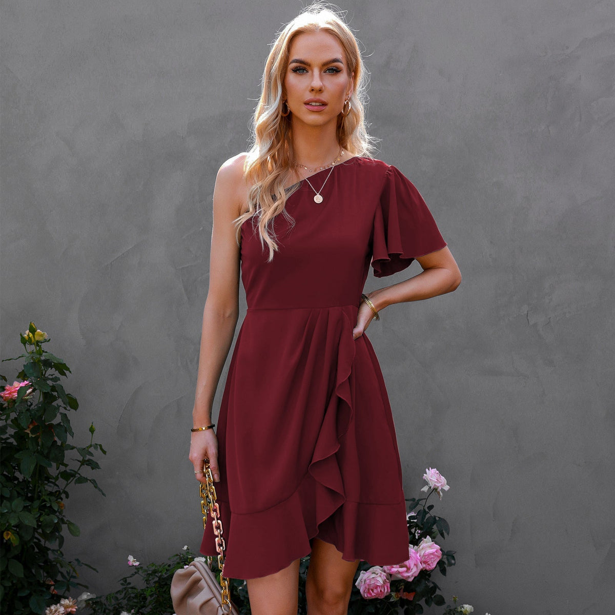 One Shoulder Ruffle Fit & Flare Mini Dress