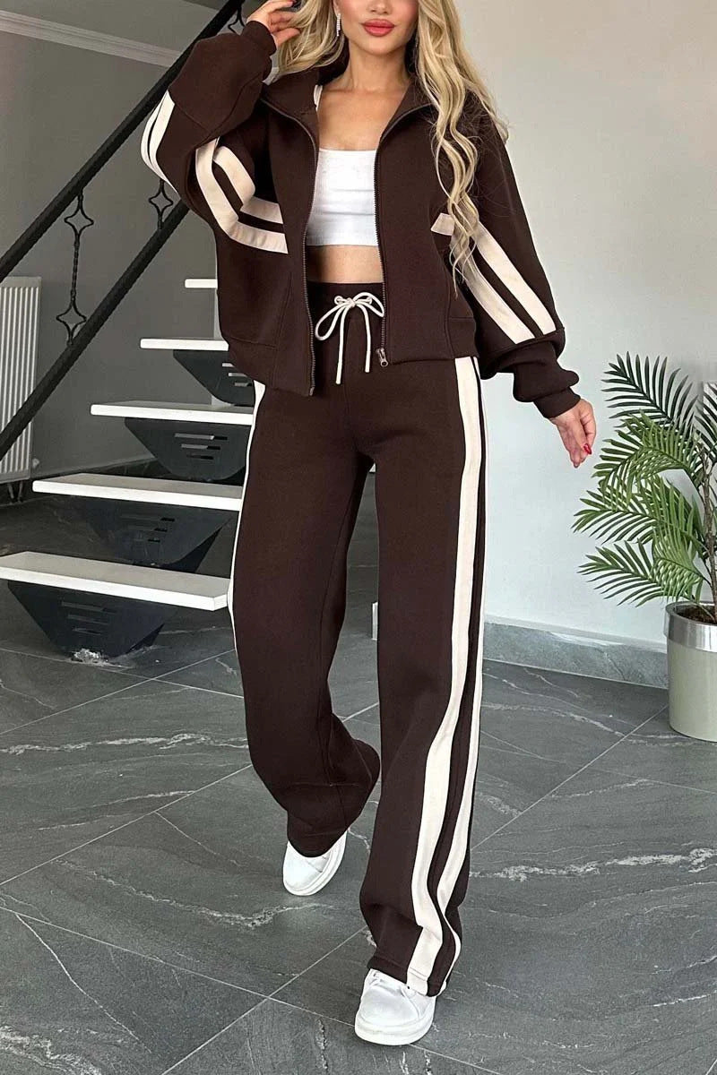 Y2K Striped Zip-Up Cropped Jacket and Pants Set for Style
