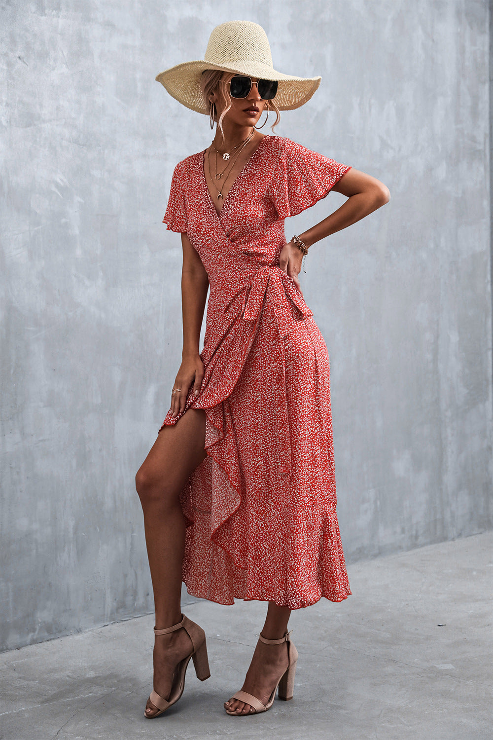 Floral Print V-Neck Short Sleeve Ruffle Wrap Maxi Dress